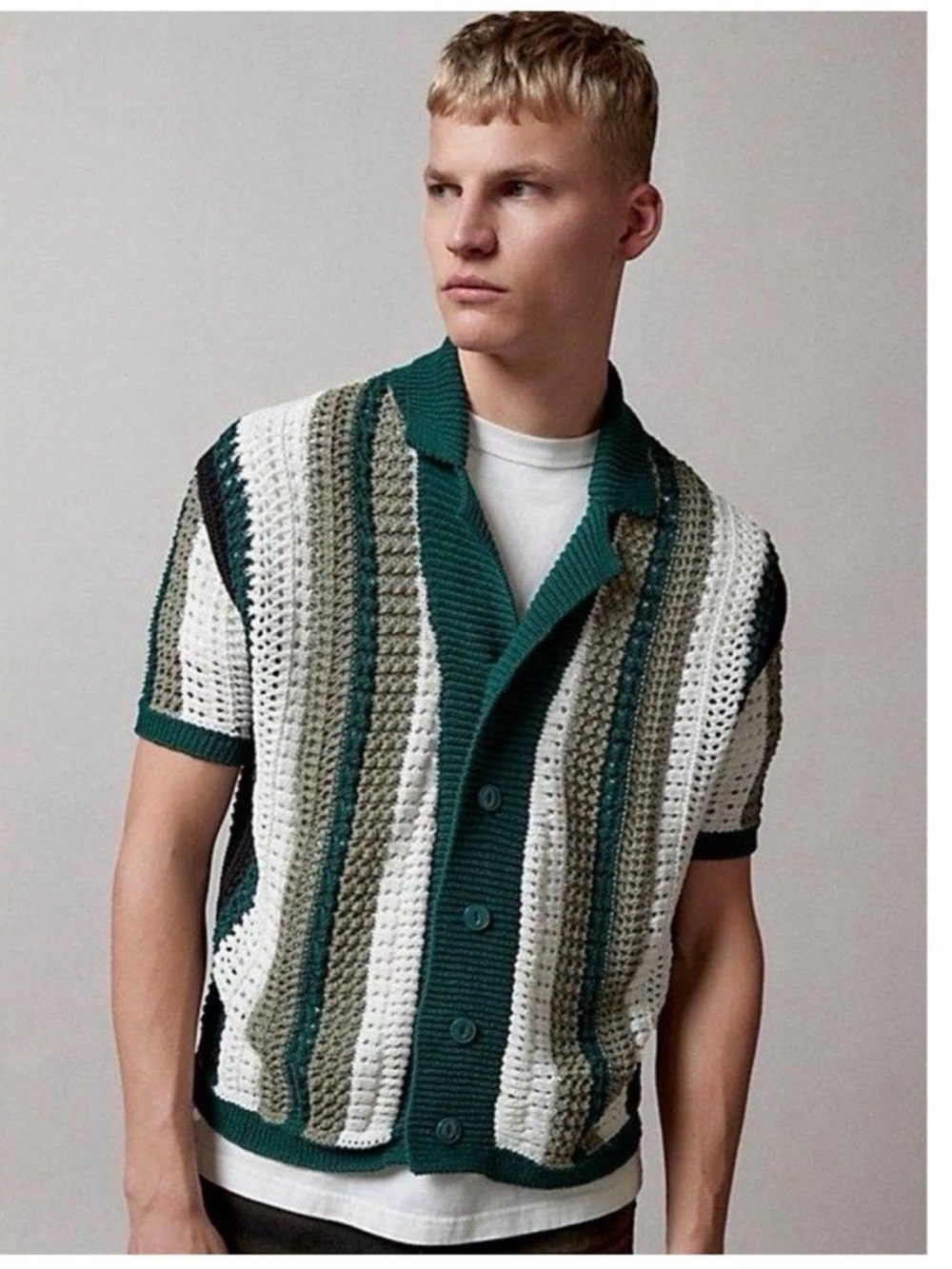 BDG Urban Outfitters Mens S Green Stripe Open Knit Crochet Polo Cardigan Shirt